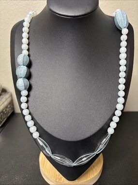 Light Blue Bead & Wrapped Fabric Acrylic Long Statement Necklace